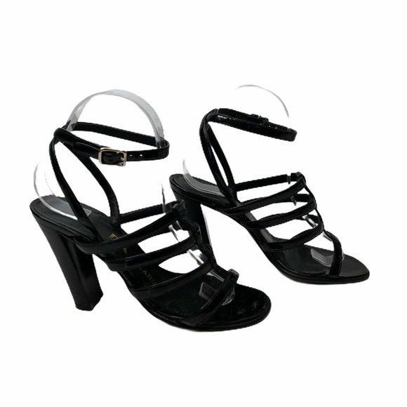 PRADA Black Patent Leather Open Straps Buckle Heel